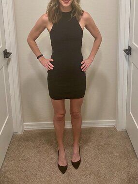 Guess Black Bodycon Mini Dress XS Sleeveless High Neck LBD Gold Zip Stretch